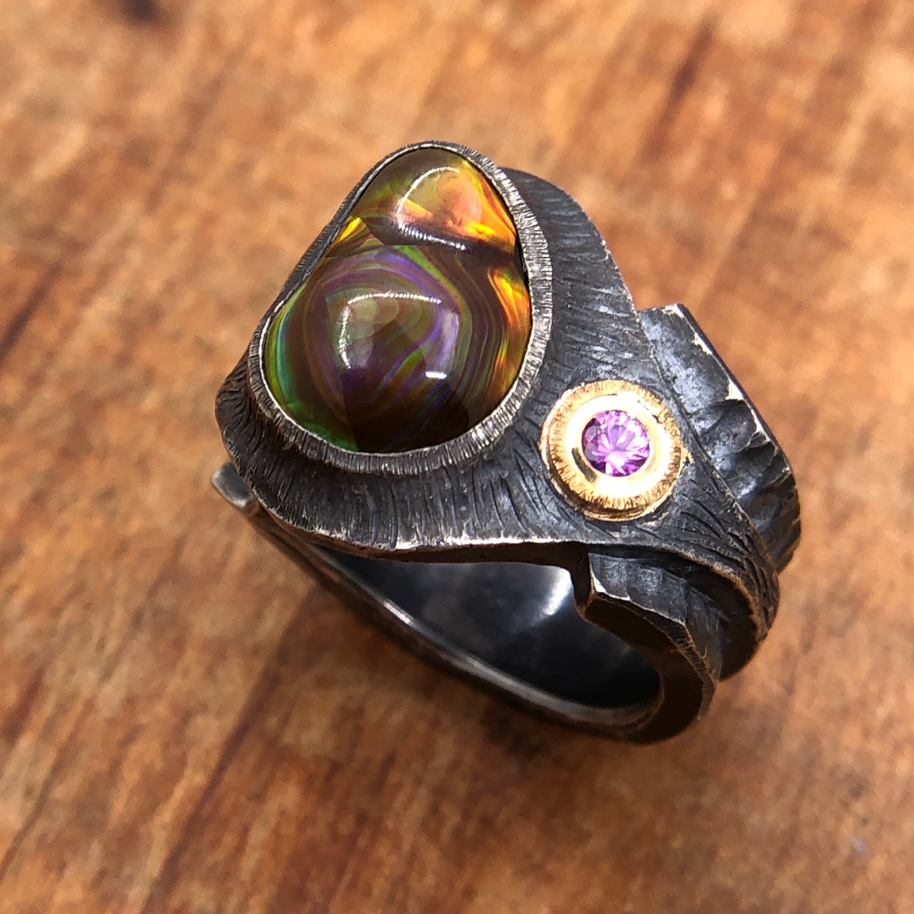 Fire Agate and purple sapphire ring
